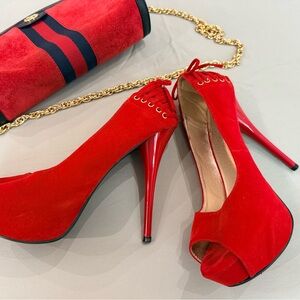 Qupid platform Red laced up Peep-Toe Heels.